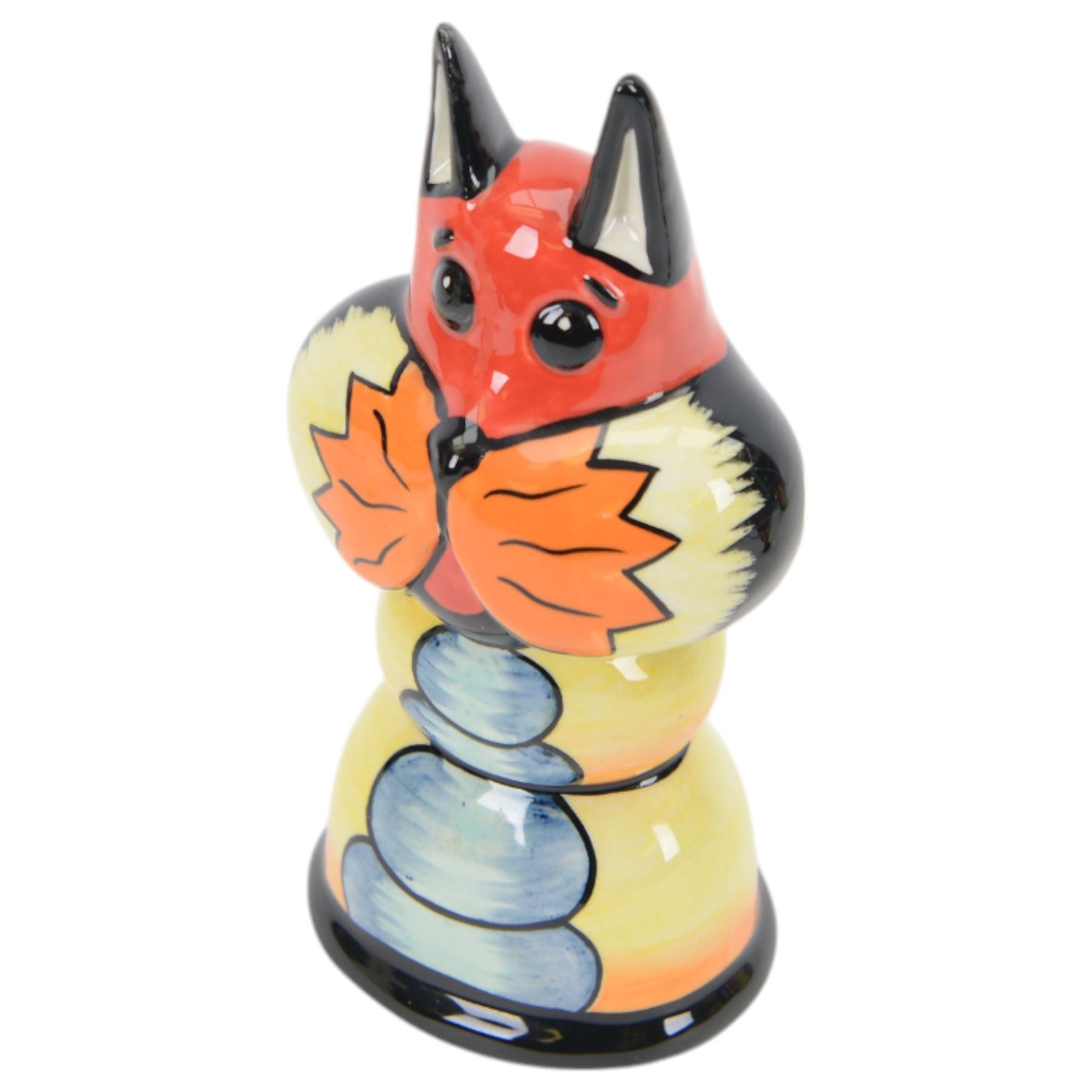 Lorna Bailey ceramics, including Oldcourt Ware jug, Bauhaus pattern wall pocket, cat figure and egg cup, all decorated in black, red, yellow and orange abstract patterns, wall pocket H18cm