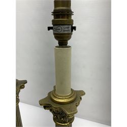 Pair of brass table lamps in the form of fluted Corinthian columns, H46cm
