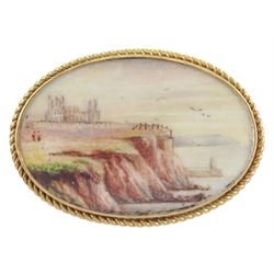 Attibuted to George Weatherill (British 1810-1890)
Watercolour landscape miniature upon ivory
Whitby coastline looking towards the Abbey 
Within a 9ct gold brooch fitting, stamped 375 and hallmarked 

Provenance 
The Smales family, Carrmount, Sleights, Whitby.
The Smales family were prominent shipbuilders in Whitby from the early 19th century up until the firms closure in 1946.