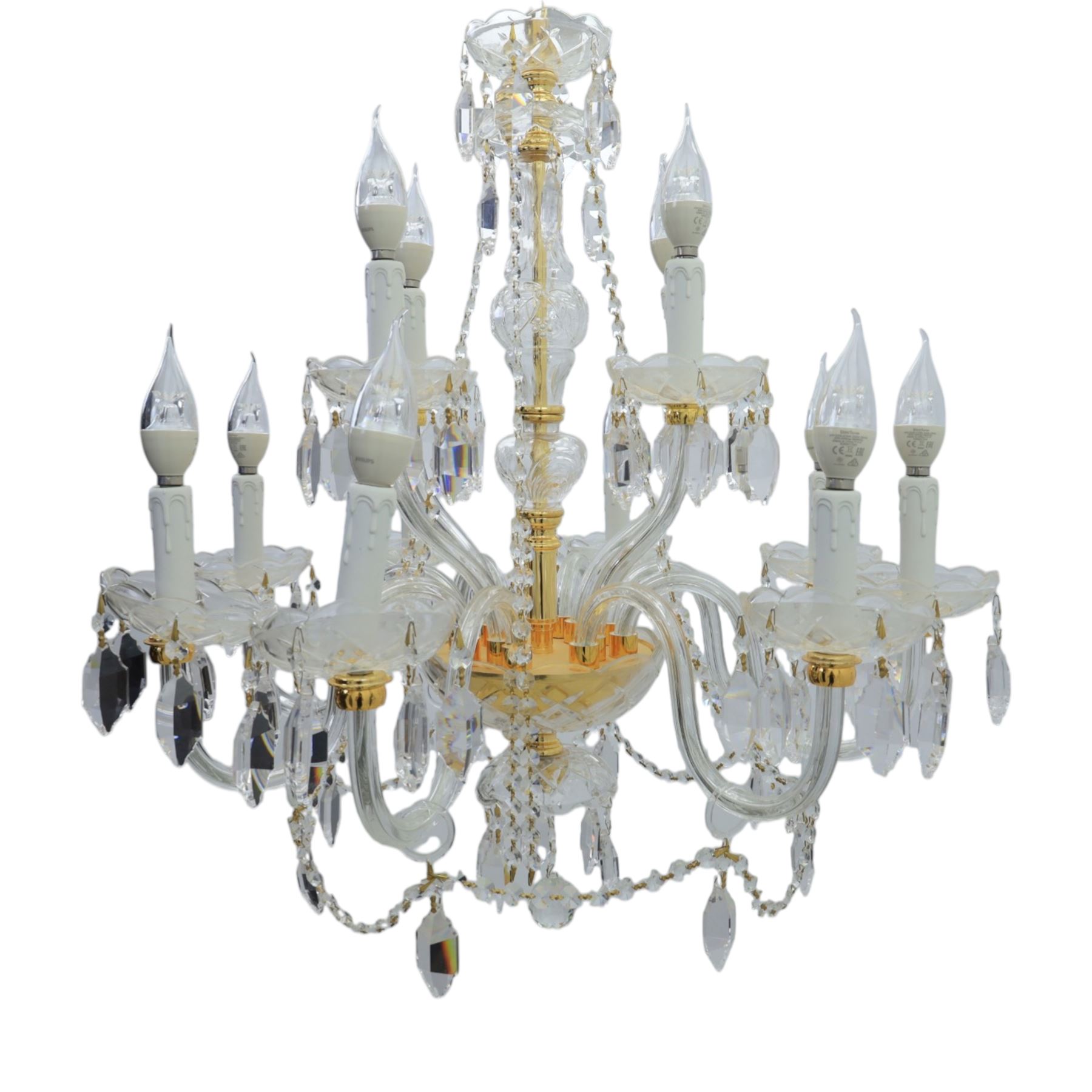 Late 20th century gilt brass and glass twelve branch chandelier, with glass swags and drops