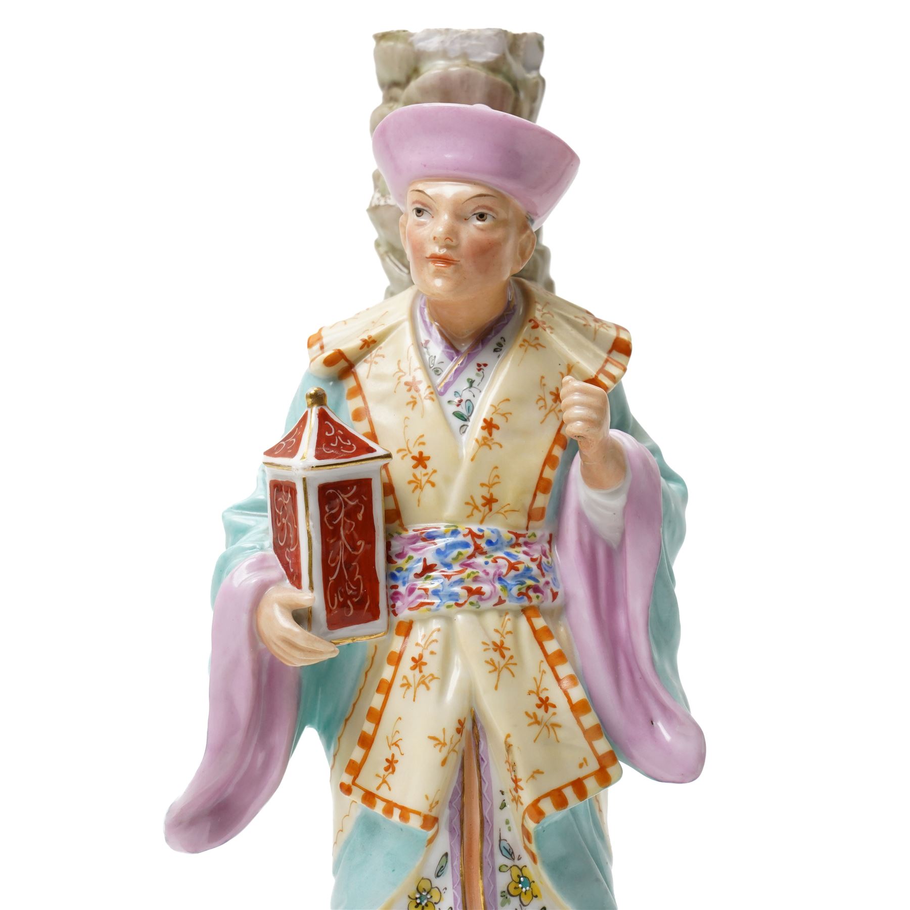 Pair of Ernst Bohne & Sohne Chinoiserie candlestick figures, impressed and faint blue anchor marks to bases, H27cm (2)