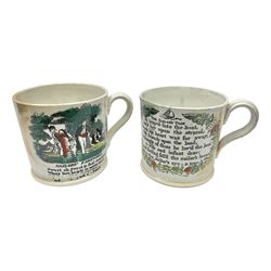 Two Staffordshire mugs, both depicting 'The Mariner's Compass' to body, with lustre decoration, the first example with 'The Sailor's Tear' quote verso, the second with 'The Sailor's Farewell', tallest H10cm