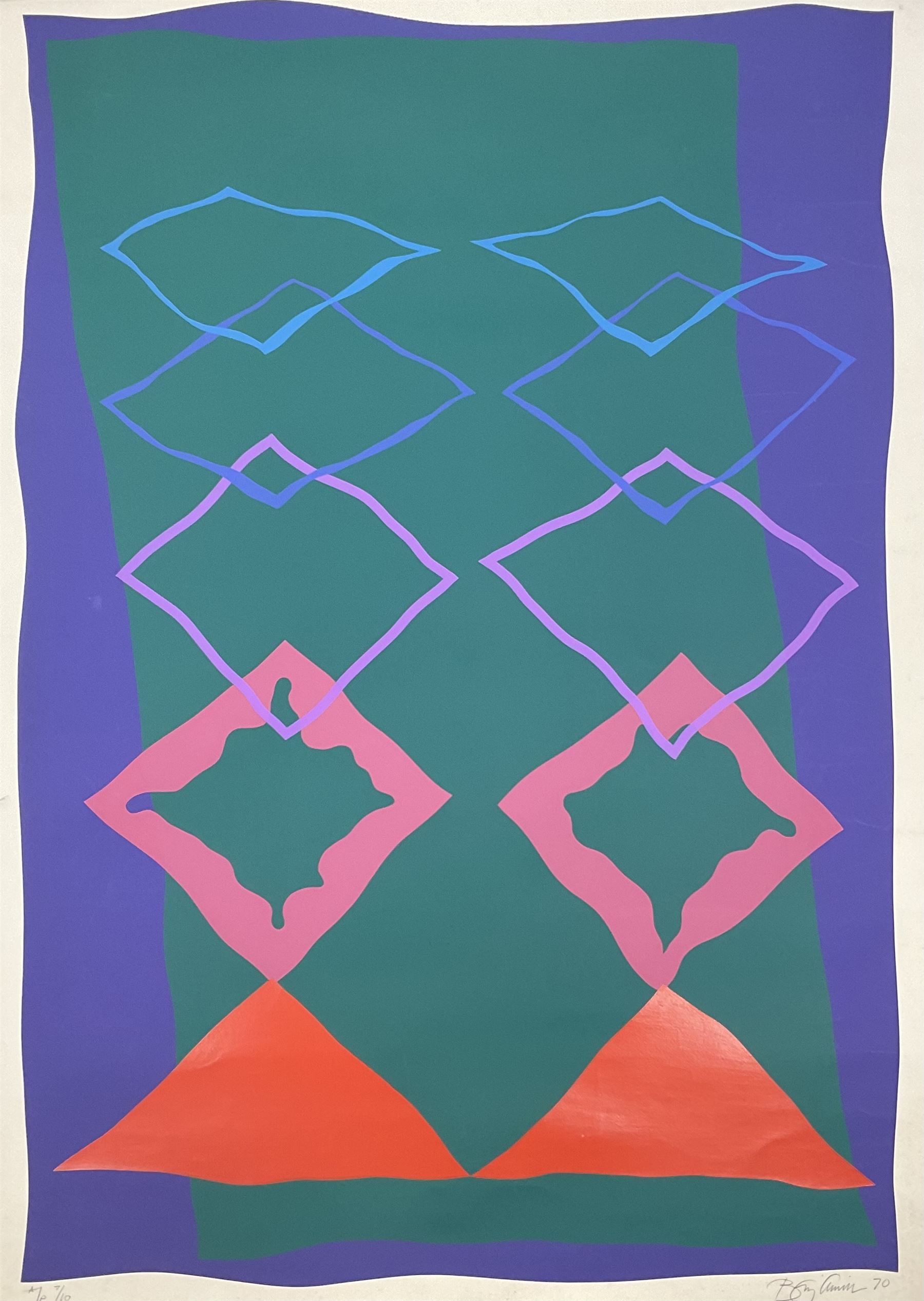 Rolph G Webster (British 20th Century): Woman gives birth on the Cross, screen print signed and dated '74, 76cm x 50cm; Ben C** (British 20th Century): Abstract Diamonds, artists proof lithograph indistinctly signed, dated '70 and numbered 7/10, 102cm x 68cm (2)