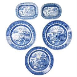 Five 19th-century willow pattern plates, two small meat platters and three plates, largest...