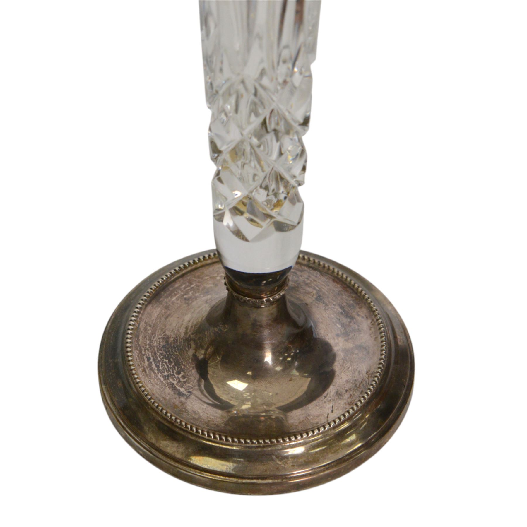 Drimmer table lamps, decorated with flowers upon a blue ground, together with a glass tulip vase upon a silver base, hallmarked 