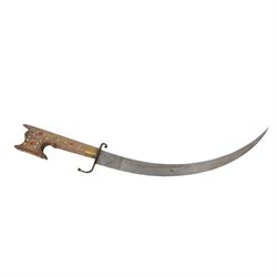 Hunting dagger, with L32cm engraved single edged blade, with a brass deer's foot cross piece with shell guard and horn grip, in a brass mounted scabbard, together with two other daggers