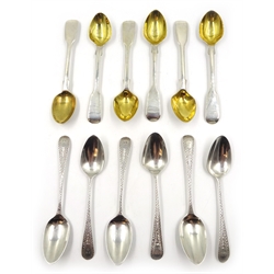  Set of six matched George III teaspoons by Stephen Adams I and others London circa 1800, set of six silver fiddle pattern teaspoons with gilded bowls by Chawner &Co London 1838 approx 5.5oz  