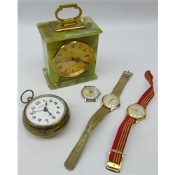  Rotary, Smiths & Mudu gents wristwatches, Imhof onyx mantle clock and West German Nordtex brass cased alarm clock (5)  