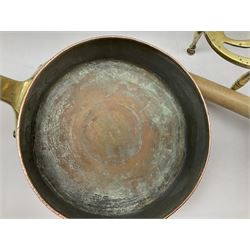 Victorian copper circular shallow pan with brass handle, with impressed oval stamp 'Benham & Sons Ltd, Wigmore St, London', together with brass jam pan with iron handle, copper kettle, Simplex No.9 copper washing dolly and another similar smaller, together with other brassware