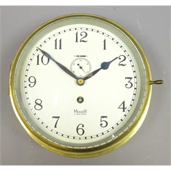  20th century brass cased Bulkhead Clock, circular cream Arabic dial with subsidiary seconds, signed Mercer St.Albans England, D27cm  