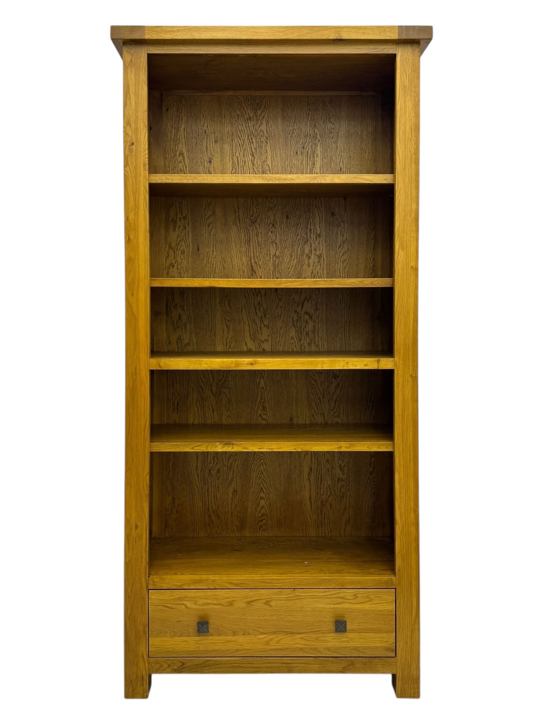 Oak Furnitureland, golden oak open bookcase fitted with single drawer