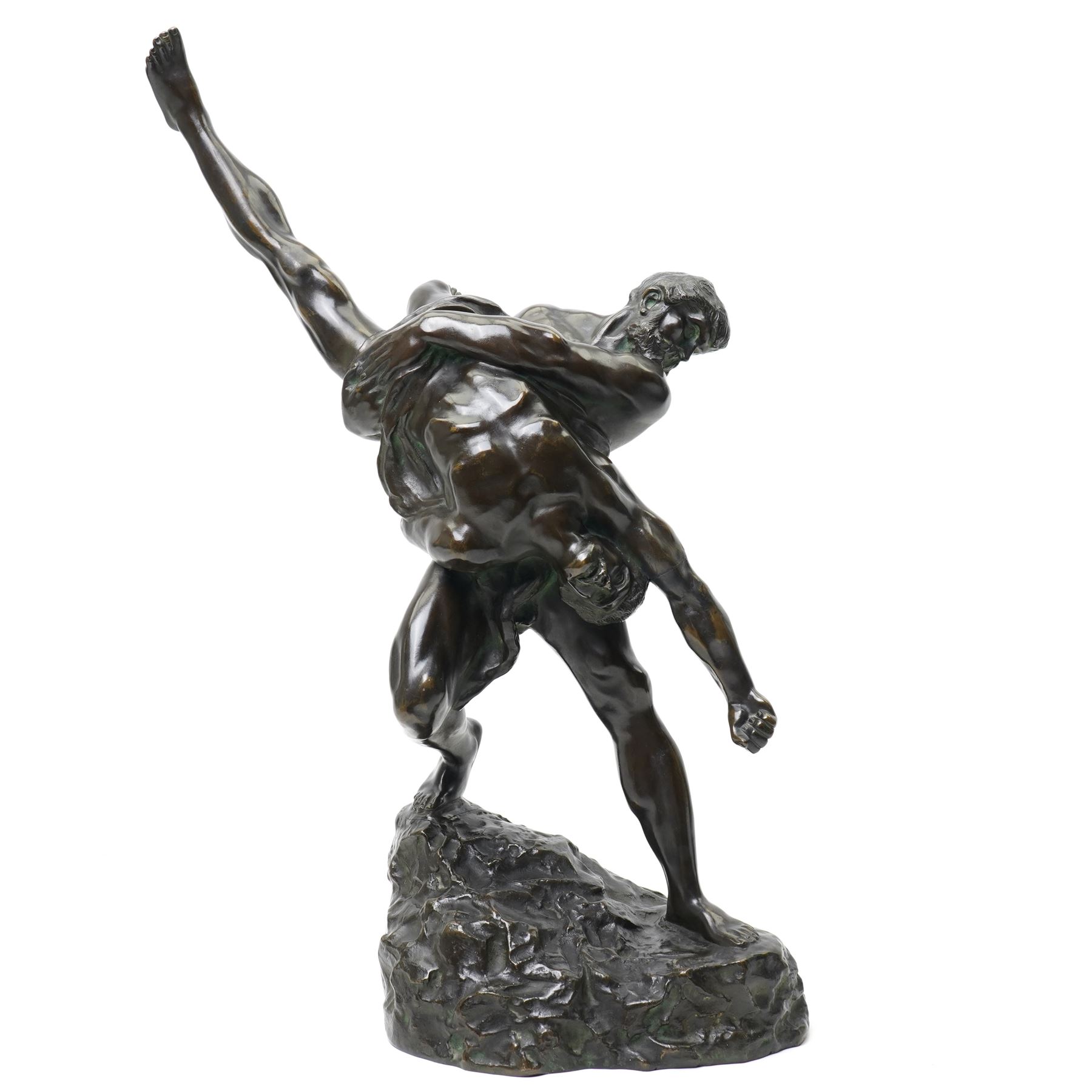 After Jef Lambeaux (Belgian 1852-1908): 'The Wrestlers' (Les Lutteurs), early 20th-century bronze group depicting two Hellenic classically nude male figures engaged in a violent athletic struggle or pankration event, on a naturalistic base signed, H63cm
Notes: the composition may plausibly be interpreted as Hercules and Antaeus, the mythological combat in which Hercules overcomes Antaeus by lifting him from the earth, thereby depriving him of his strength
