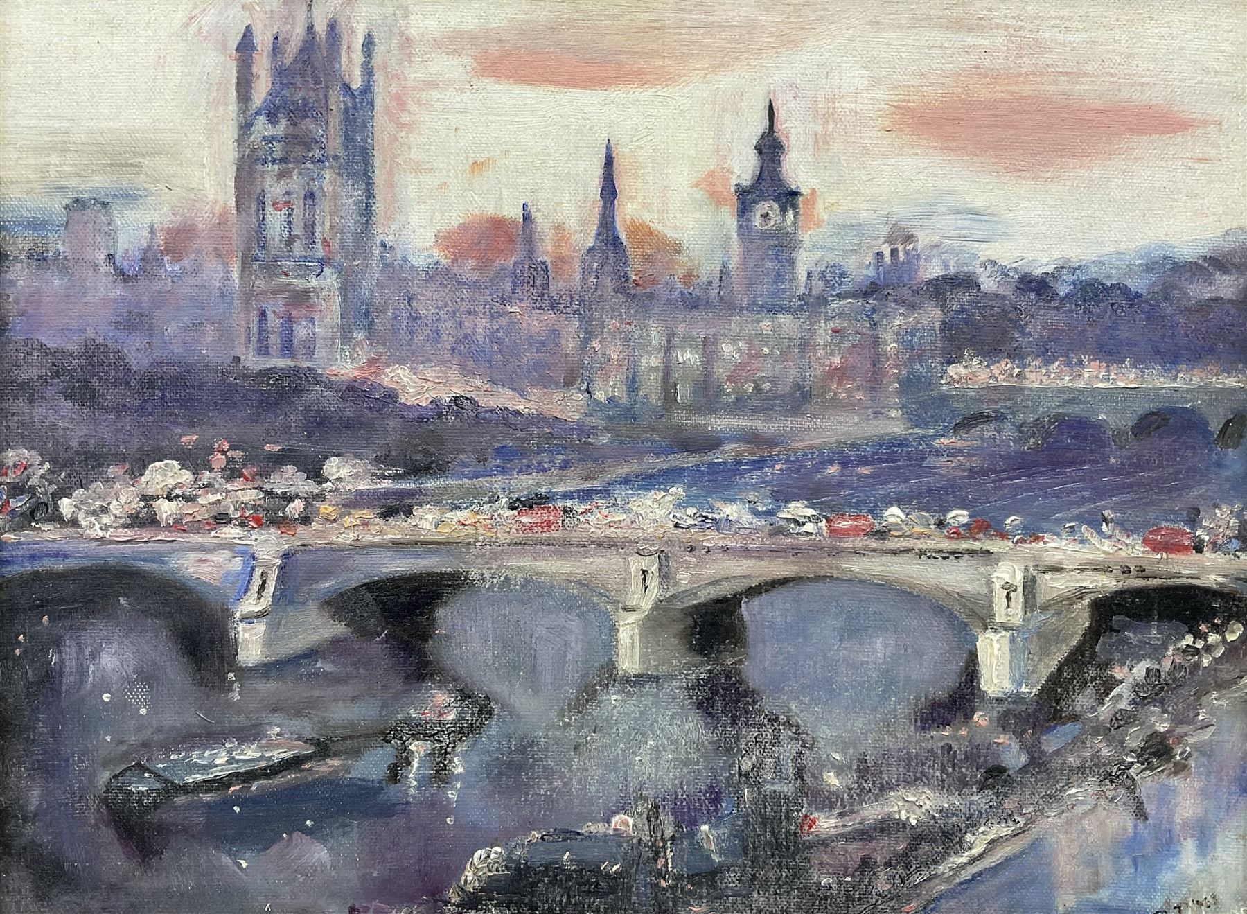 Circle of Walter John Beauvais (British 1942-1998): Houses of Parliament, oil on canvas board indistinctly signed 29cm x 39cm