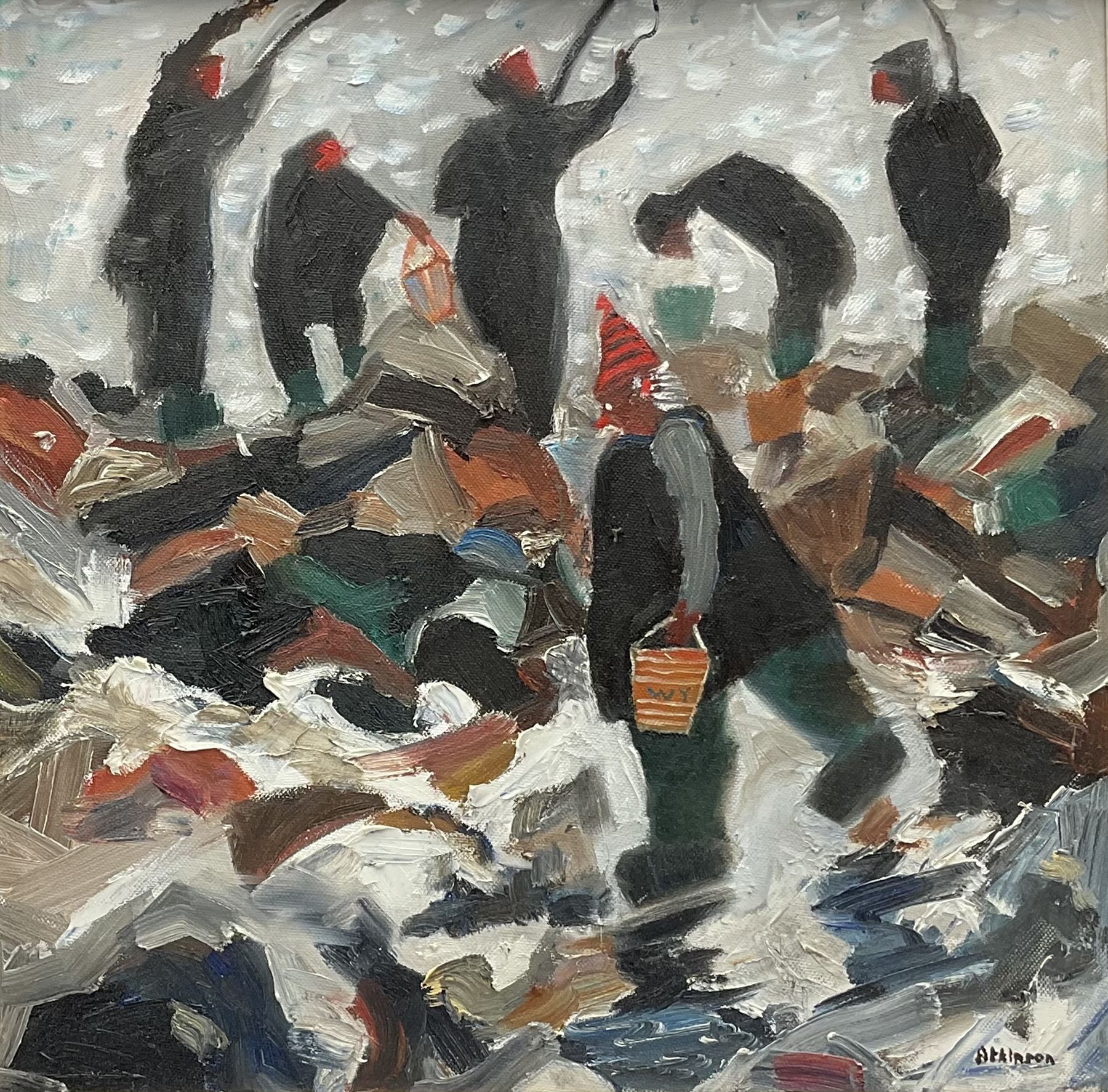 Sue Atkinson (British 1949-): 'September Fishing, Runswick Bay', oil on canvas signed, titled verso 39cm x 39cm 
Provenance: with Walker Galleries Harrogate, label verso