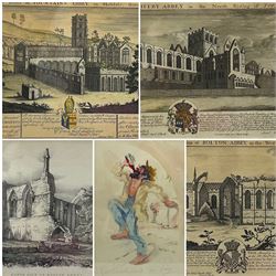By and after Samuel Buck (British 1696-1779): 'The North View of Whitby Abbey in the North Riding of Yorkshire' and 'The South View of the Ruins of Fountains Abbey in Skeldale' and 'The North East Prospect of the Ruins of Bolton Abbey in the West Riding of Yorkshire', three early 18th century engravings, the former two with hand-colouring, together with a 19th century engraving of Bolton Abbey and a watercolour max 39cm x 23cm (5)
