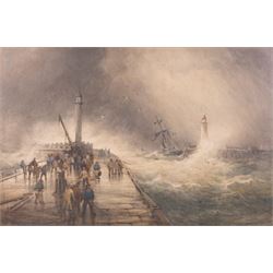 Frederick William Booty (British 1840-1924): Whitby Piers in Stormy Seas, watercolour sign...