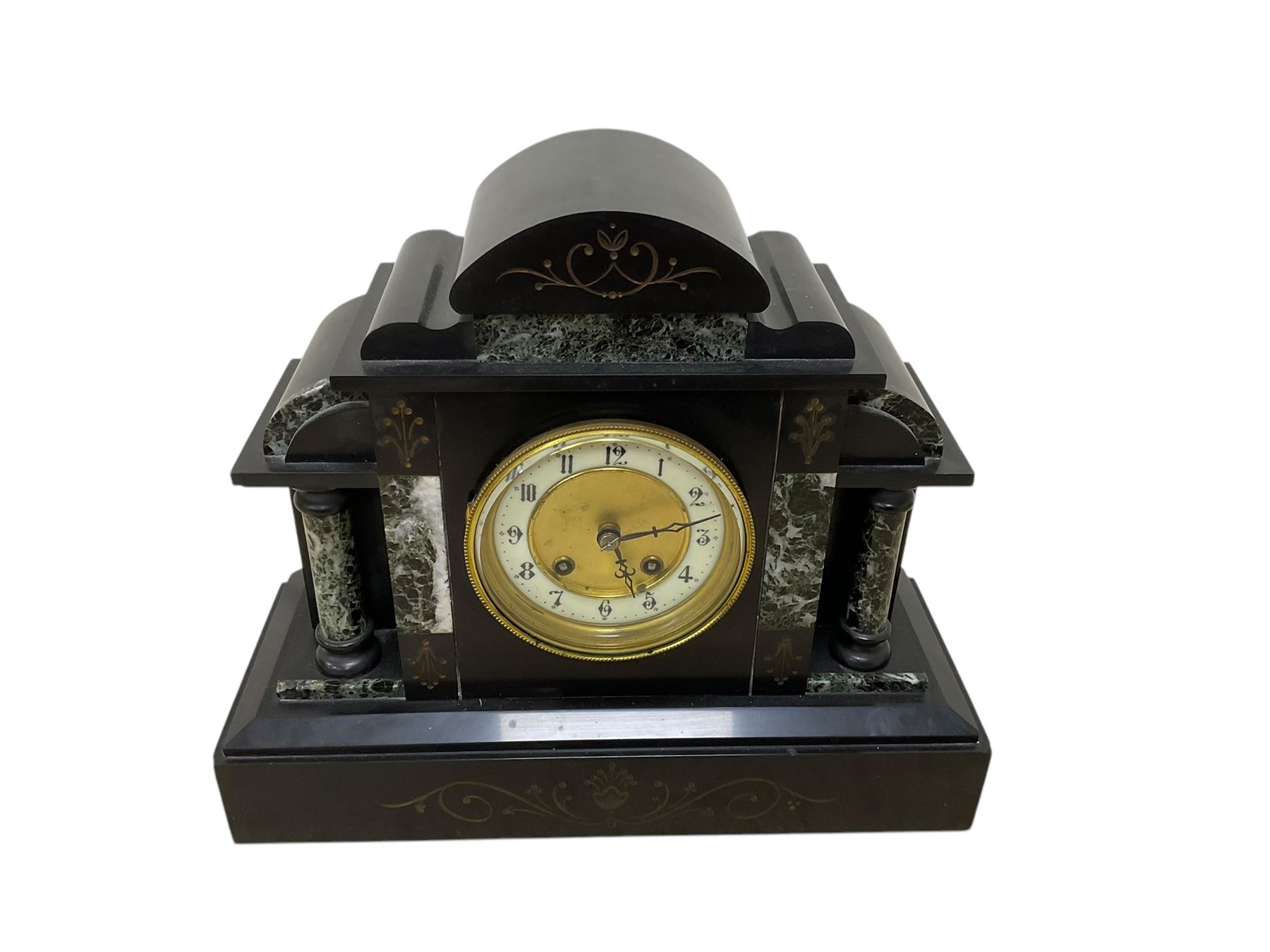 French-  late 19th century 8-day Belgium slate mantle clock c1890, break front case with contrasting variegated marble panels and recessed columns, on a deep stepped plinth with carved incised decoration to the front, dial with an ivorine chapter, Arabic numerals, steel hands and a recessed gilt centre, twin train rack striking movement, striking the hours and half hours on a coiled gong. With pendulum.  