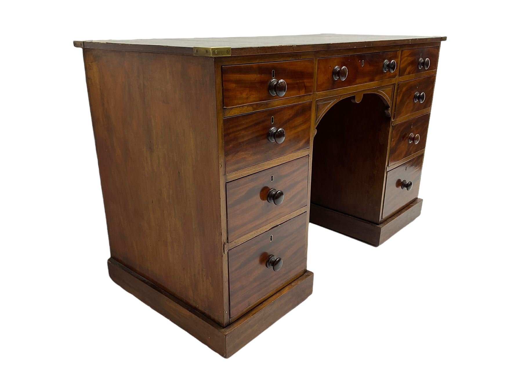 Victorian mahogany twin pedestal desk, green leather top with brass