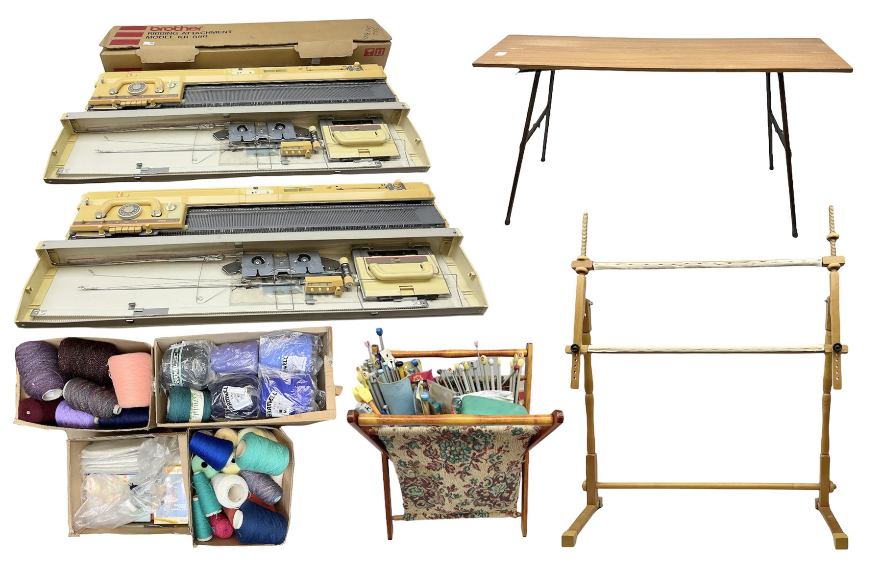  Brother cased knitting machine model KH-890 together with Brother Ribbing attachment model KH-850, knitting machine yarn cones in assorted colours, selection of knitting patterns etc