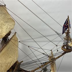 Large kit built scale model of 17th century Royal Navy warship 'HMS Sovereign of the Seas', upon wooden stand with engraved name plaque, H91cm, W111cm