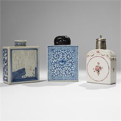 Two Chinese blue and white tea caddys, and another with famille rose design and engraved m...