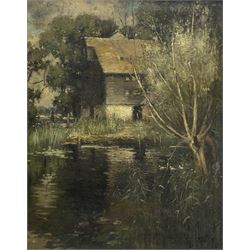 Francis G Wood (British exh.1906-1907): Watermill on a Wooded River, oil on canvas laid on board unsigned 60cm x 47cm
Provenance: part of a collection from the artist's family. Francis was Headmaster of the Penzance School of Art, taking over from William Henry Knight in 1916. For four years he built it up successfully and was highly respected for being one of the 'best art teachers in the West of England'.  