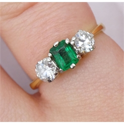 18ct gold emerald and round brilliant cut diamond ring, total diamond approx 0.40 carat