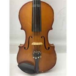 Four Chinese graduated violins - full size with 35.5cm two-piece back; three-quarter size with 33.5cm two-piece back; half size with 31cm two-piece back; and quarter size with 27.5cm two-piece back; all cased except full size; one with bow (4)
