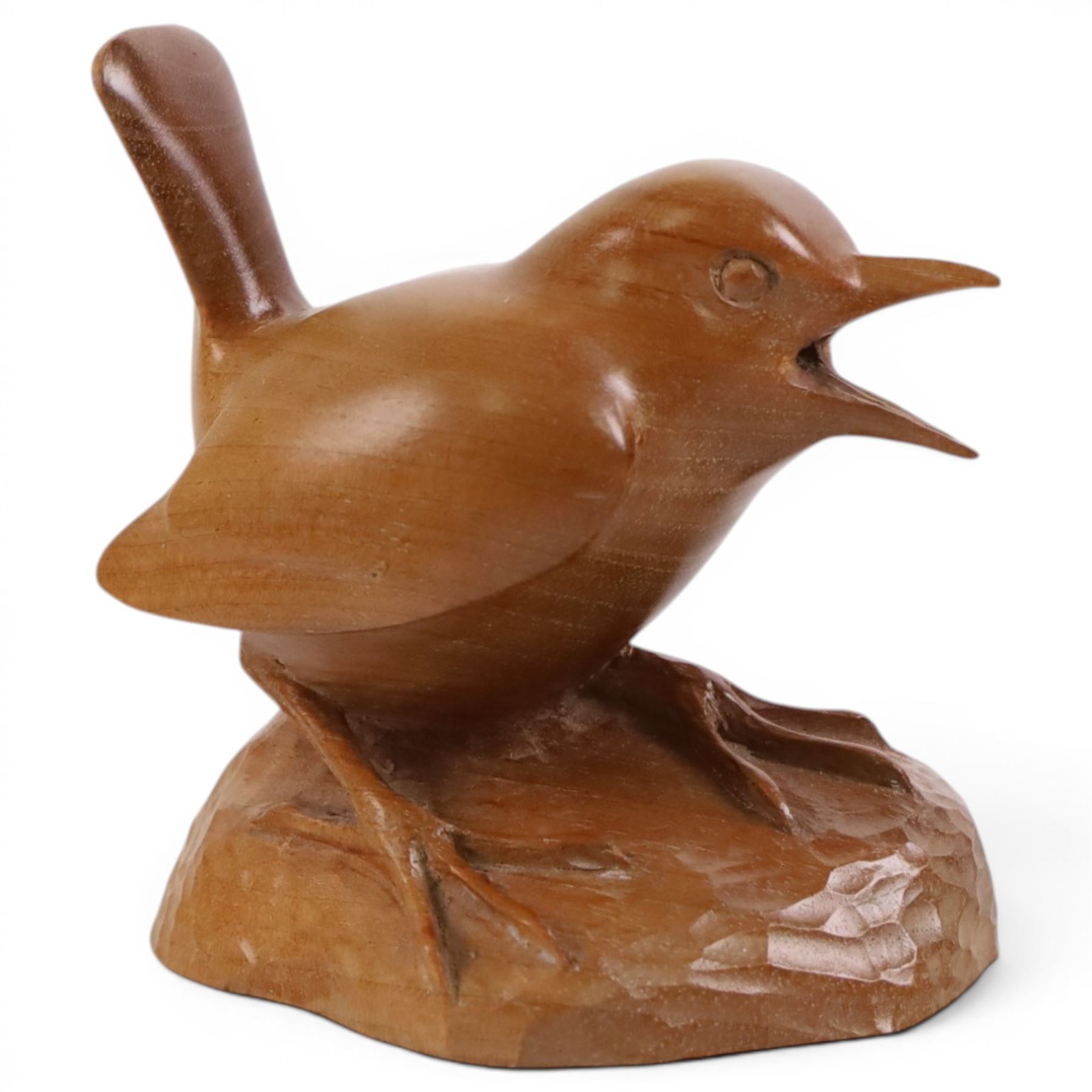 20th century walnut carvings, the first modeled as a wren, the second an otter, H  Two Yorkshire style walnut carvings, of a wren and otter, otter H10cm