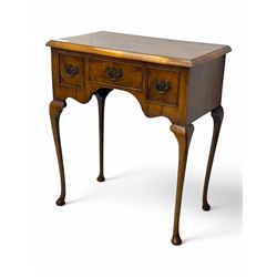 Early 20th century Queen Anne style walnut lowboy, rectangular top with book-matched venee...