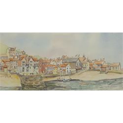 Penny Wicks (British 1949-): Tate Hill Pier Whitby, watercolour signed 19cm x 39cm