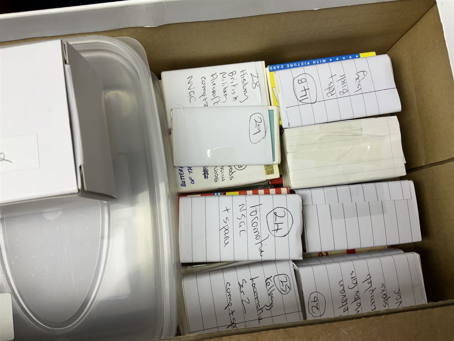 Quantity of trade cards, housed in ring binder albums and loose, including Twinnings, Lyons, PG Tips, Hornimans, Ty-Phoo etc and various unused official paper albums, in two boxes