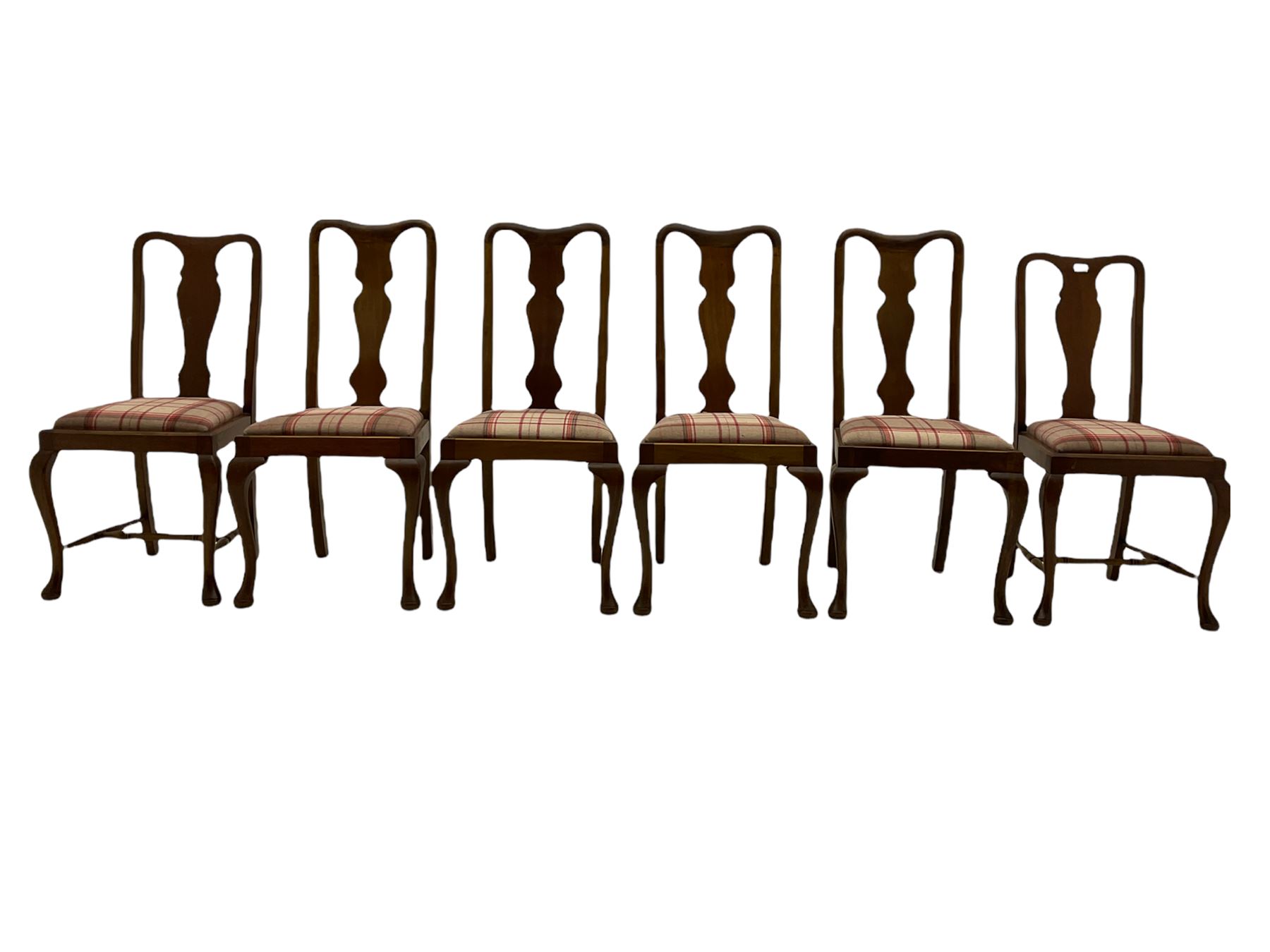 Mixed set of twelve early 20th century mahogany Queen Anne style dining chairs, all with shaped vase backs and cabriole front supports, matching drop-in seats upholstered in tartan patterned fabric