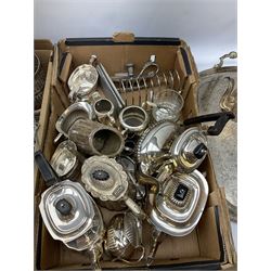Collection of silver plate and other metalware to include teapots, coffee pots toast rack, candlesticks, jewellery etc, in two boxes