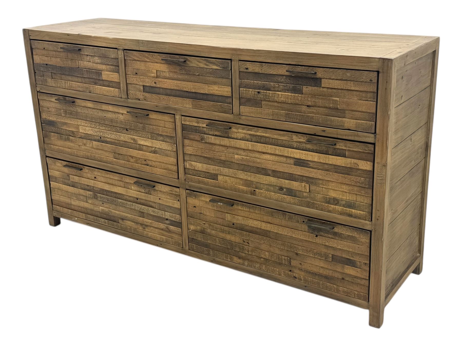 Barker & Stonehouse - contemporary 'Charlie' reclaimed wood chest, rectangular plank top over three short and four long drawers, raised on square supports
