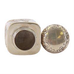 Late 19th century German Hanau silver miniature novelty scuttle, of cylindrical form with side handle and swing handle, the body impressed with figural genre scene, with Hanau marks for Karl Kurz, and hallmarked Samuel Boyce, Chester 1902, with 'F' foreign import mark, not including handle H3.5cm, together with a late 19th century German Hanau silver miniature novelty tea caddy, of rounded cube form, the body impressed with figures at work in a countryside setting, with Hanau marks for Neresheimer & Sohne, and hallmarked B Muller & Son, Chester import 1907, and marked 925, H5cm