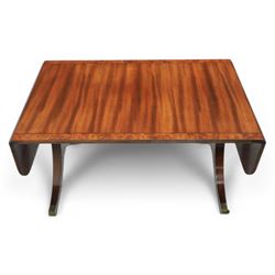 Regency design mahogany drop leaf coffee table, rectangular top crossbanded in walnut, twin pillar legs