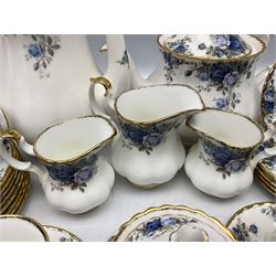 Royal Albert Moonlight Rose pattern tea and coffee service, comprising coffee pot, teapot, covered twin handled sucrier, two milk jugs, cream jug,  six coffee cups and saucers, seven tea cups and saucers and thirteen dessert plates (45)