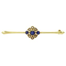 Early 20th century sapphire and pearl bar brooch, stamped 15ct