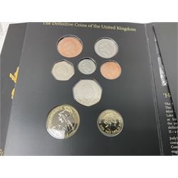 The Royal Mint United Kingdom 2005 proof coin set, with certificate, 2009 'Henry VIII' brilliant uncirculated fine pound coin, 2010 brilliant uncirculated coin collection, 2015 'The Fourth and Fifth Circulating Coinage Portrait Collection', and 'Farewell and Nations of the Crown UK' one pound brilliant uncirculated two coin set, all cased or in card folders