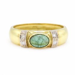 18ct gold tourmaline and diamond ring, bezel set single oval cut tourmaline, with two sing...