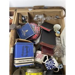 Silver cased pocket watch, together with wrist watch, pewter tankard, walking stick and other collectables, in two boxes 