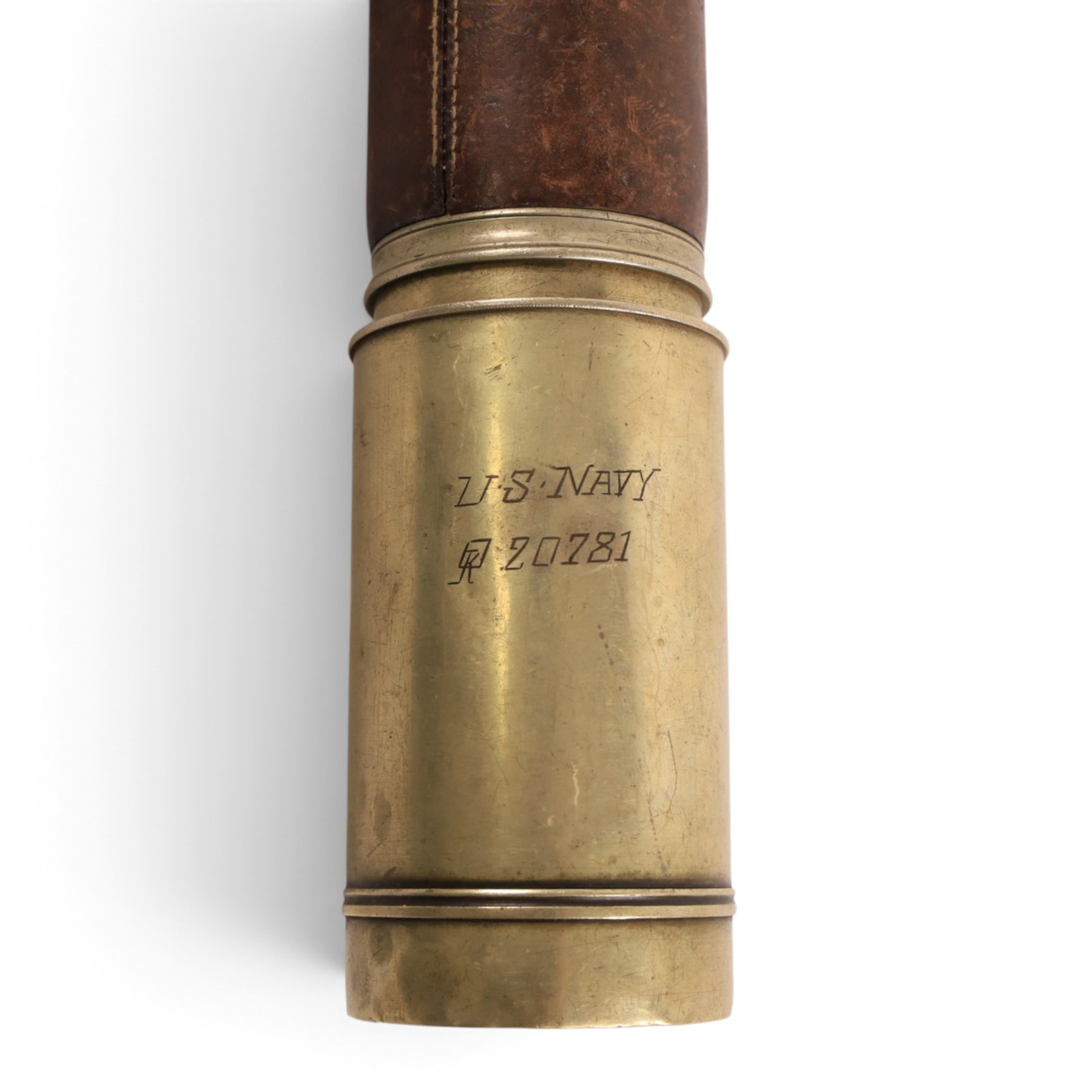 Early 20th century leather-bound three drawer brass telescope, inscribed 'Presented to The United States Government by Weedon Dawes Williams 24 State Street New York January 30 1918 US Navy no.20781', full length L75cm