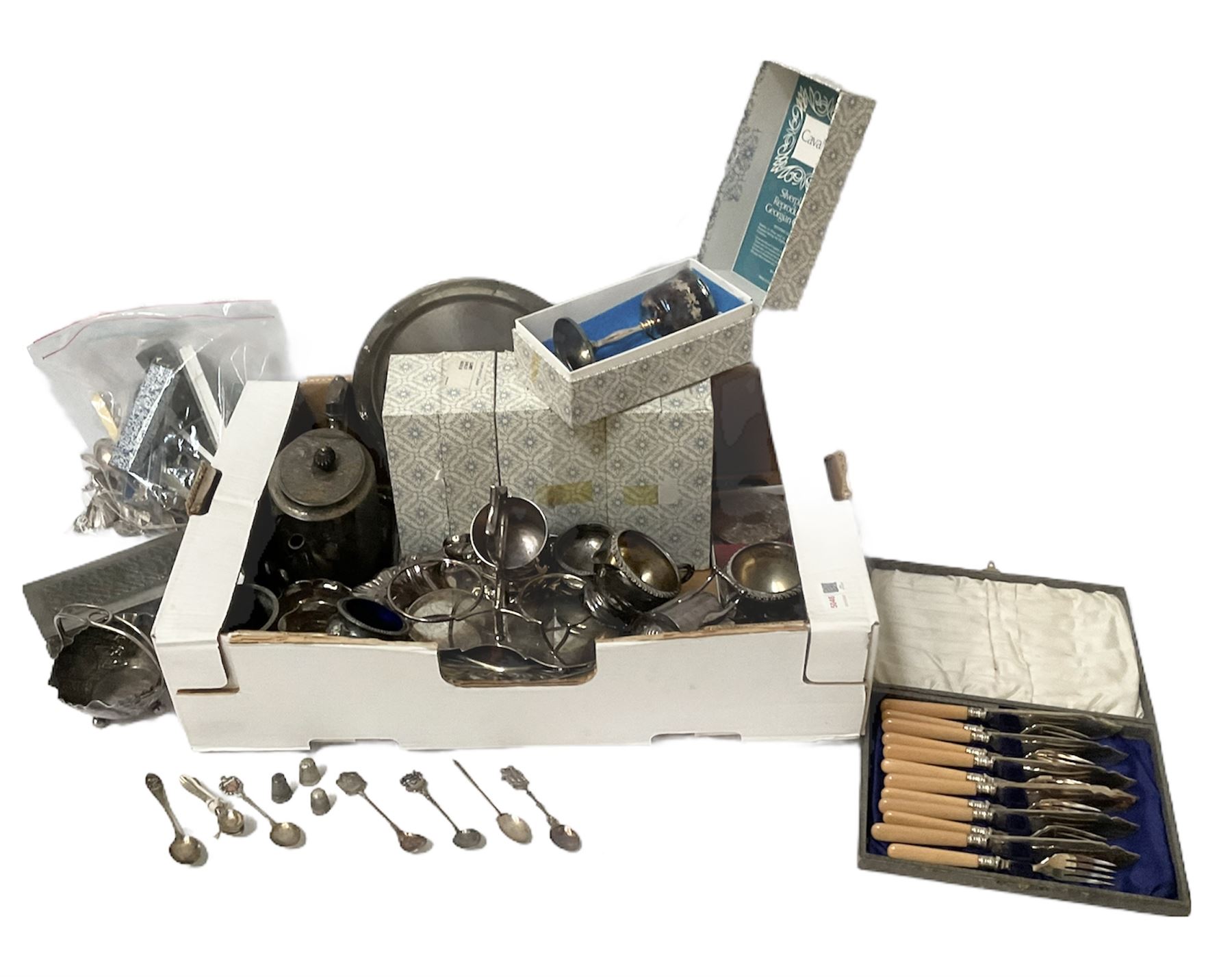 Quantity of silver thimbles and teaspoons, various hallmarks and stamps, and a quantity of other silver plate and metalware