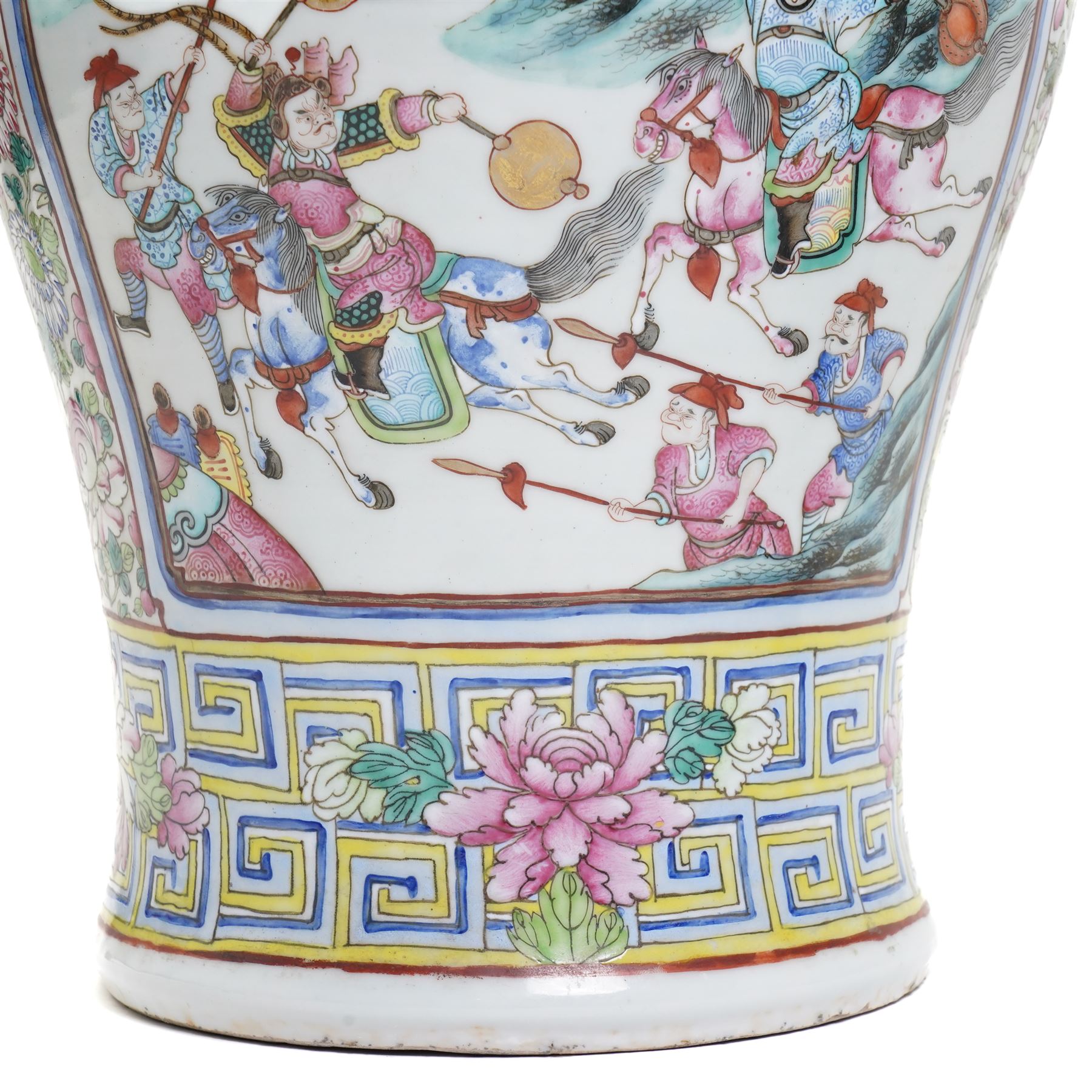 Large pair of 19th century Cantonese famille rose vases, each painted with various courtly scenes, including a display of warriors fighting on horseback before an official and his attendants, double Buddhist lion handles and applied at the shoulders with chilong, the lower band painted with Greek key motif, H58cm (2)