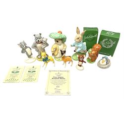 Collection of Beswick figures to include Beatrix Potter Squirrel Nutkin, Jemima Puddleduck, Spike and Tyke, Tom and Jerry, both boxed and with certificates, Chamois 1551 and Babycham 1615a (a/f) Beswick Ware Royal Douton Peter Rabbit and Benjamin Bunny, with certificate
(9)
