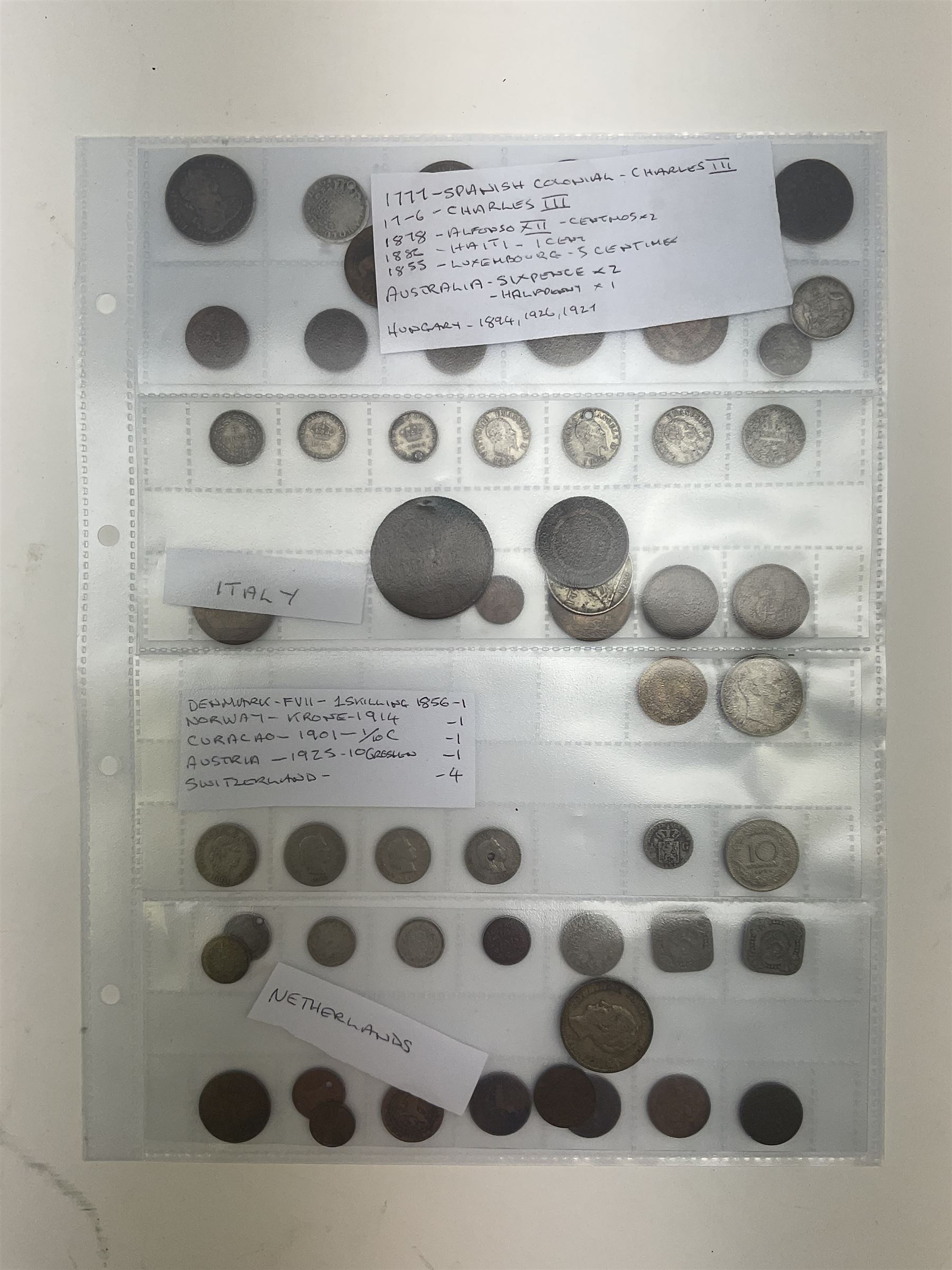Interesting collection of 18th century and later Commonwealth and international coins, including India, Rhodesia, South Africa, Spain, Italy, Netherlands, Palestine, Russia, canada, Greece, Jersey, Guernsey, Germany, France, etc, including many silver examples