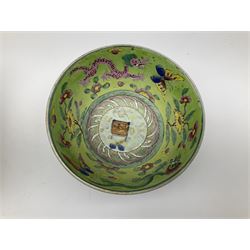 Pair mid 20th century Chinese Canton bowls, with butterfly and foliate decoration in enamels, one marked beneath Made in China, the other marked Canton, H11cm D30cm, and a 20th century bowl decorated with characters to the exterior and dragons, butterflies and flowers to the interior, H12cm D24.5cm