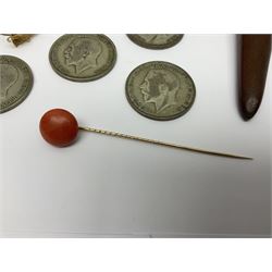 14ct gold coral stick pin, together with six pre-1947 silver halfcrown coins, silver napkin ring, silver mounted pen and other collectables
