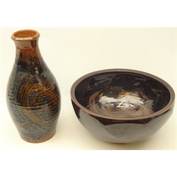  Terracotta brown glazed vase, or ribbed form, in the style of Leach, H34cm and a similar style fluted bowl with Tenmoku glaze, in the style of Amanda Brier (2)  